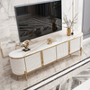 Arabelle Luxe Modern Marble Finish TV Stand placed under a wall-mounted television in a stylish living area.