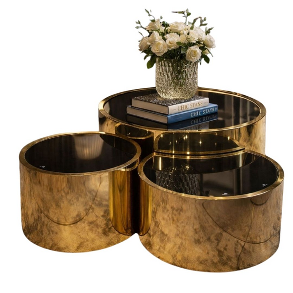 Lucid Gold 3-Piece Nesting Coffee Table Set featuring stylish gold finish and surface for decor.
