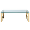 Contemporary Gold Glass Top Coffee Table with transparent surface and metallic base.