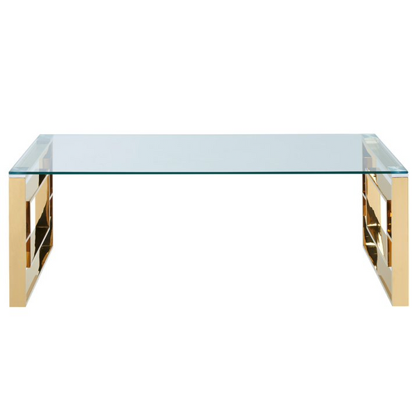 Contemporary Gold Glass Top Coffee Table with transparent surface and metallic base.