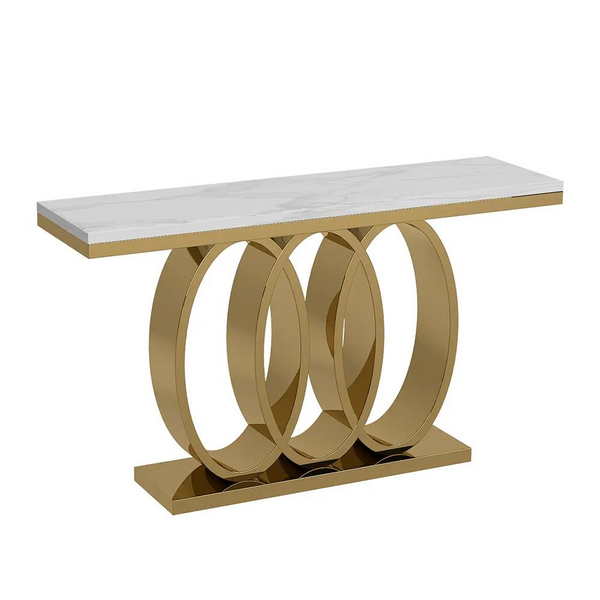 Luxury White and Gold Faux Marble Console Table with elegant round base design.