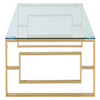 Contemporary Gold Glass Top Coffee Table with transparent surface and metallic gold frame.