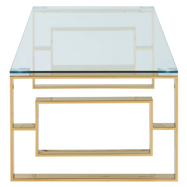 Contemporary Gold Glass Top Coffee Table with transparent surface and metallic gold frame.