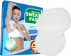 Image of Disposable Underarm Sweat Pads in packaging with a person demonstrating its use underarm for sweat protection.