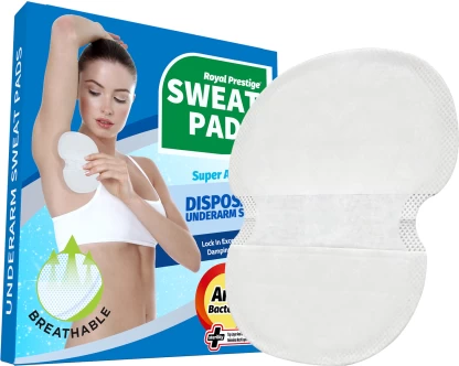 Image of Disposable Underarm Sweat Pads in packaging with a person demonstrating its use underarm for sweat protection.