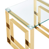 Contemporary Gold Glass Top Coffee Table with a sleek gold frame and transparent glass surface.