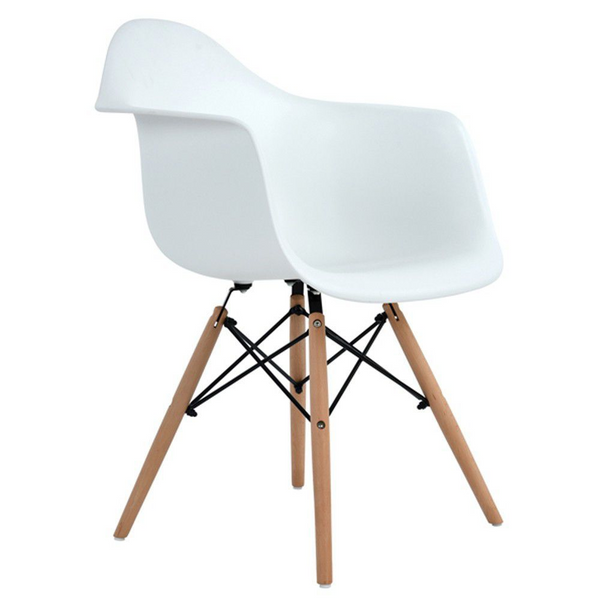 Eiffel Armchair with Wooden Legs featuring a white moulded seat and wooden Eiffel-style legs.