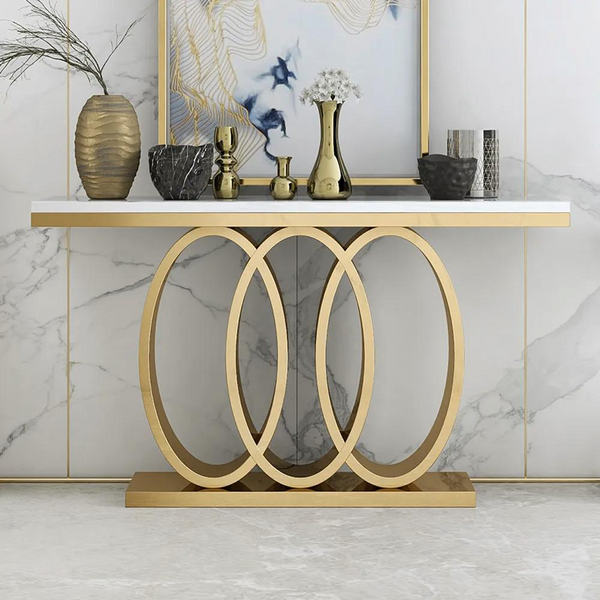 Luxury White and Gold Faux Marble Console Table with elegant gold base and stylish decor