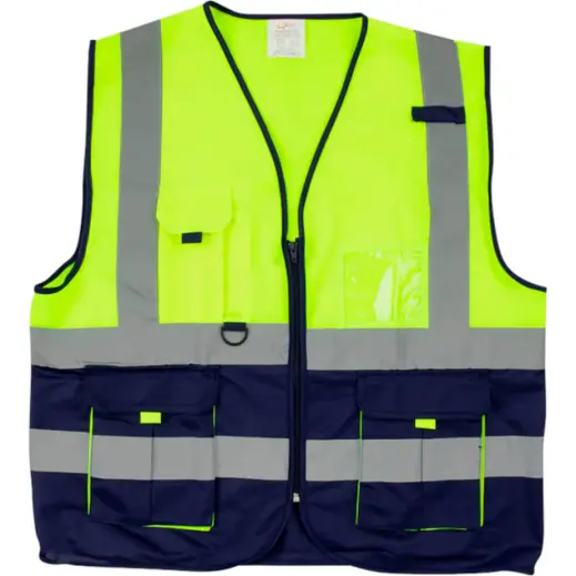 Pioneer Signaling Vest in high visibility yellow with reflective stripes and multiple pockets for safety and utility.