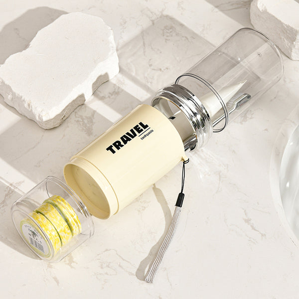 Plastic Travel Toothbrush Cup Portable Couple Set on a bathroom countertop, showcasing sleek design and travel convenience.