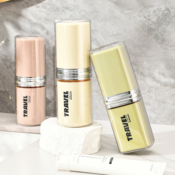Plastic Travel Toothbrush Cup Portable Couple Set in various colors displayed on a countertop.