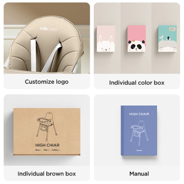 Portable Baby Swing & Feeding Chair customization options, including logo, packaging, and manual.