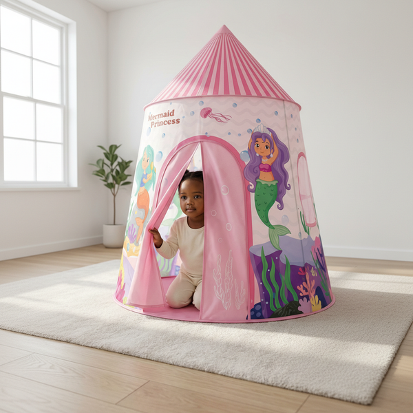 Child playing inside a Portable Foldable Castle Play Tent designed with mermaid graphics.