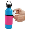 Person using a Portable Water Bottle Holder with a blue bottle and pink sleeve for easy carrying.