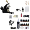 Professional Single Gun Tattoo Kit including rotary tattoo gun, ink bottles, gloves, and accessories.