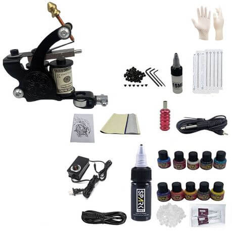Professional Single Gun Tattoo Kit including rotary tattoo gun, ink bottles, gloves, and accessories.