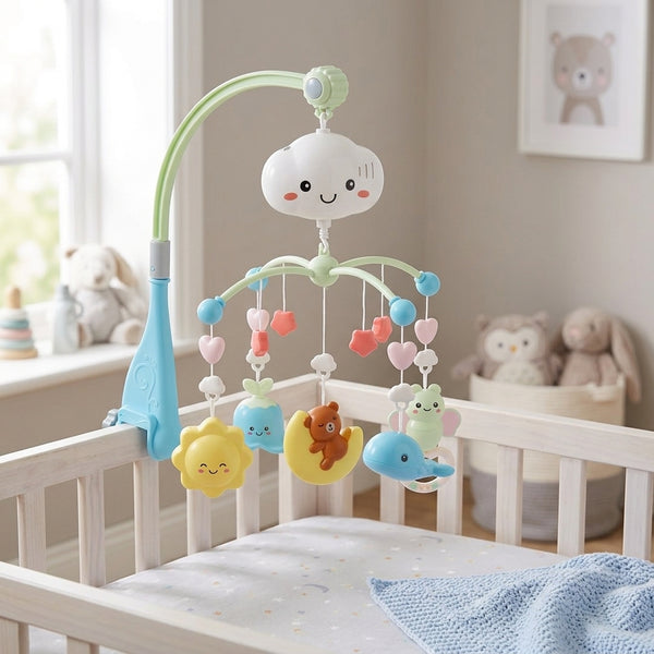 Rotating Musical Baby Crib Mobile with Projection featuring colorful hanging toys above a crib.