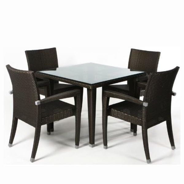 Rattan Patio Dinner Table Set featuring a square glass-top table and four stylish rattan chairs.