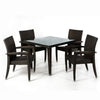 Rattan Patio Dinner Table Set featuring a square glass-top table and four rattan chairs, perfect for outdoor dining.