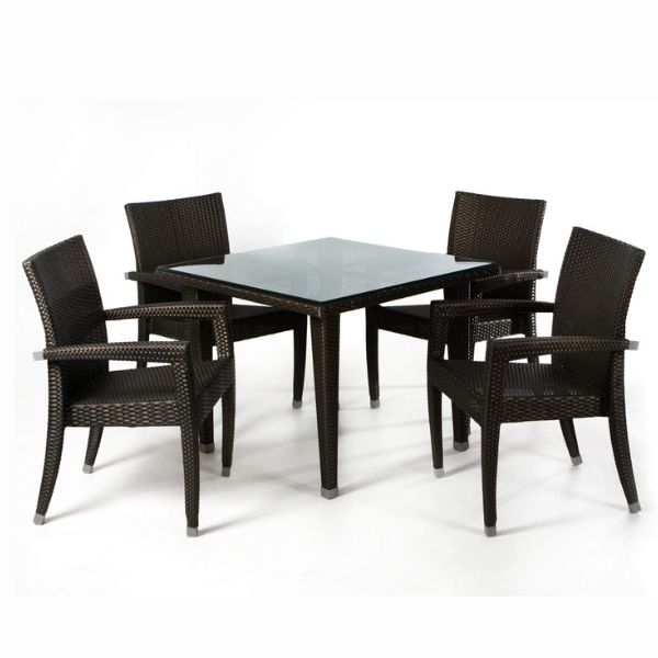 Rattan Patio Dinner Table Set featuring a square glass-top table and four rattan chairs, perfect for outdoor dining.