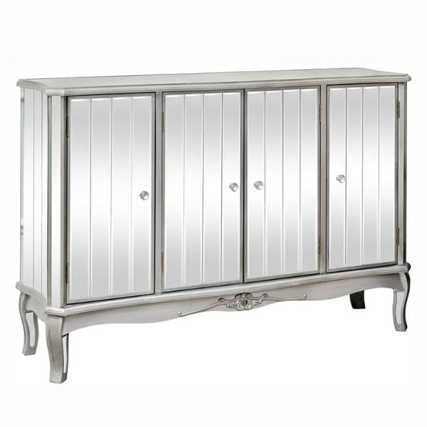 Reflective Hallway Decorative Sideboard featuring mirrored panels and antique silver finish, ideal for stylish storage.