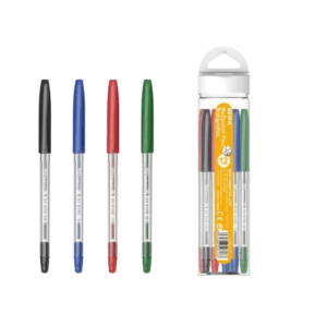 4 Pack Retractable Ballpoint Pen Set with black, blue, red, and green ink colors in clear packaging.