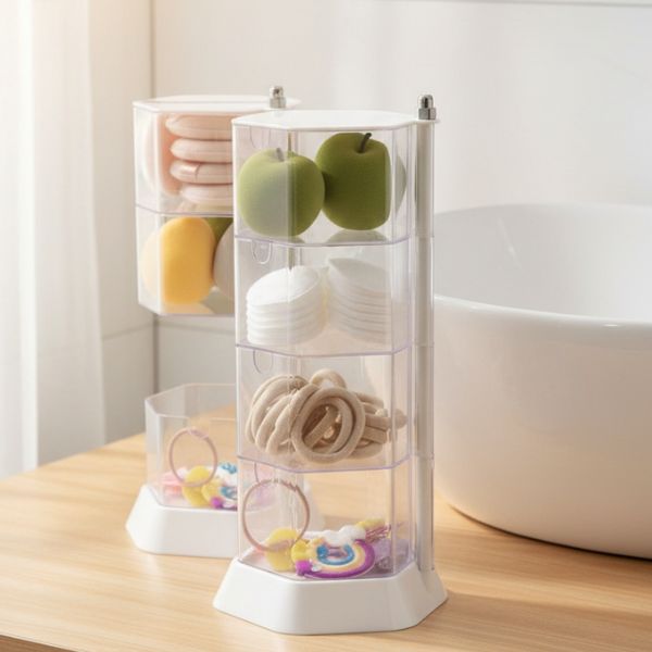 Rotating Hexagonal Acrylic Display Case - 4 layers showcasing various small items in a modern home setting.