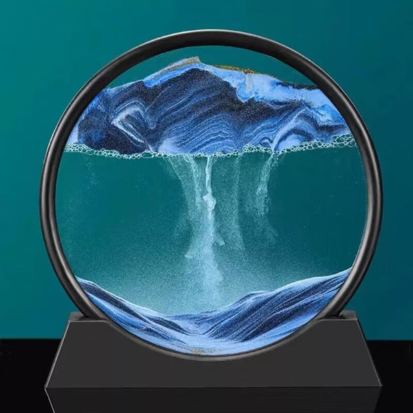 12 inch Round 3D Moving Sand Art Frame showcasing mesmerizing sand patterns in calming blue tones.