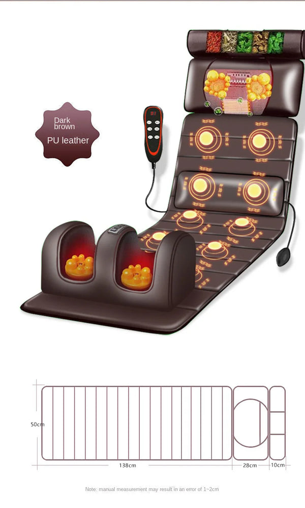 Full Body & Foot Vibration Massage Mat Pad with Heat shown in dark brown PU leather with remote control.