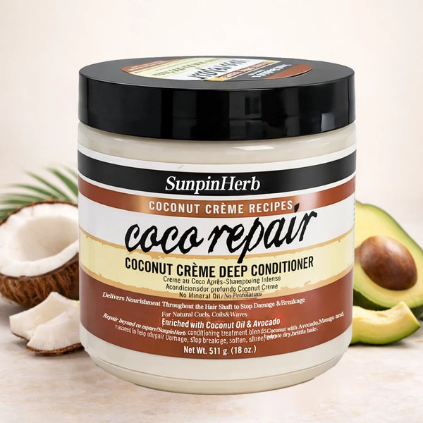 Nourishing Coconut Oil Hair Conditioner in a jar with coconut and avocado ingredients, perfect for deep conditioning.