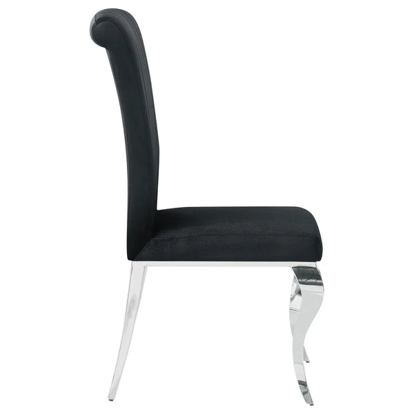 Black Velvet Upholstered Dining Chair with Silver Legs shown from side view, featuring elegant design and modern aesthetics.