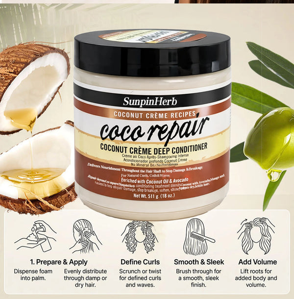 Nourishing Coconut Oil Hair Conditioner in a jar next to coconuts, promoting hydration for natural hair textures.