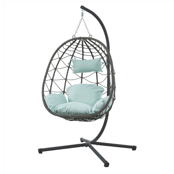 Indoor Outdoor Swing Egg Chair with stand, featuring a cozy design and soft blue cushions for relaxation.