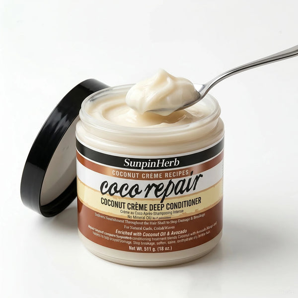 Nourishing Coconut Oil Hair Conditioner in a jar with a spoon, featuring a creamy texture for deep hydration.