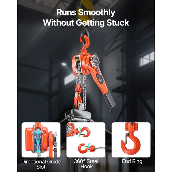 Three-Quarter Ton Manual Lever Chain Hoist demonstrating smooth operation with directional guide slot and steel hook.