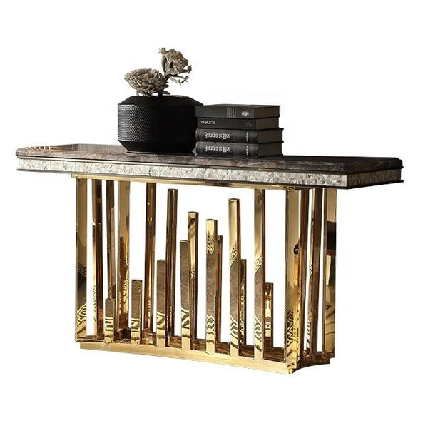 Luxury Gold Stainless Steel Marble Console Table with decorative books and a vase, showcasing its elegant design.