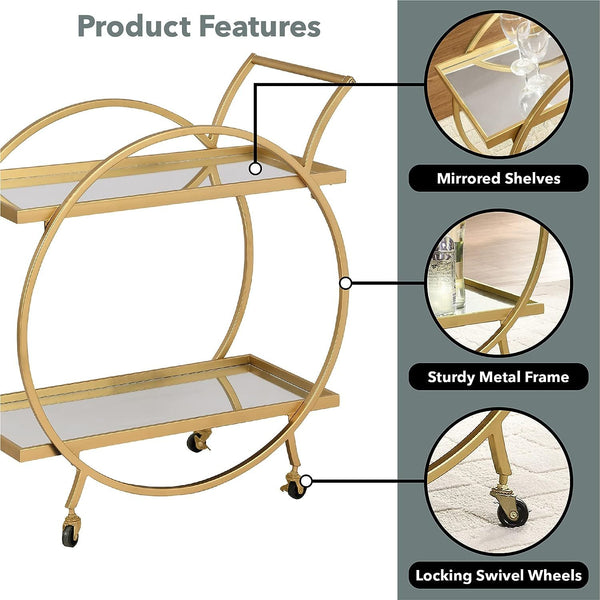 2 Tier Mobile Serving Trolley features mirrored shelves, sturdy metal frame, and locking swivel wheels for easy mobility.