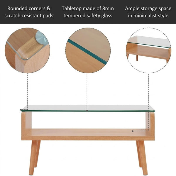 Eleonor Glass & Wood Coffee Table showcasing rounded corners, tempered glass top, and minimalist design with storage.