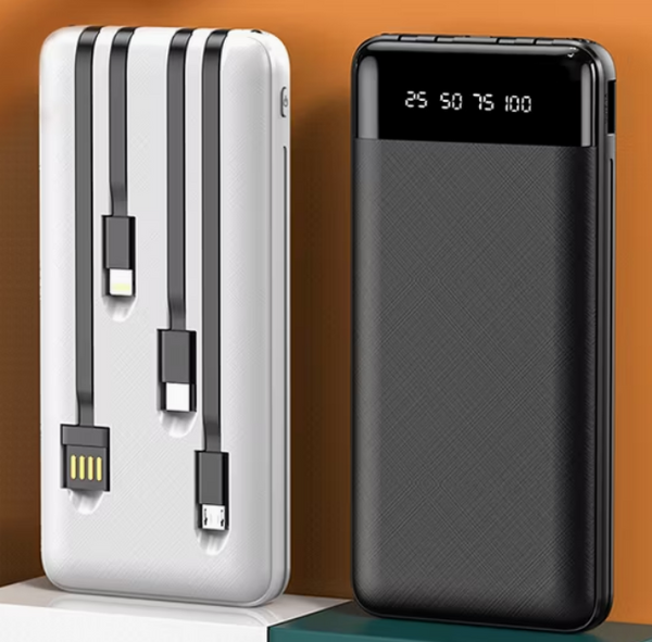 20000mAh Power Bank with Built-In Cables in white and black designs on a display.