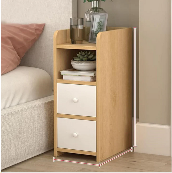 Contemporary Wooden Bedside Table with 2 Drawers featuring storage shelves and two drawers for organization.