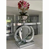 Luxury Silver Infinity Mirror Console Table with floral arrangement on top, showcasing modern glam design.