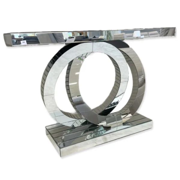 Luxury Silver Infinity Mirror Console Table showcasing a striking mirrored design and modern elegance.