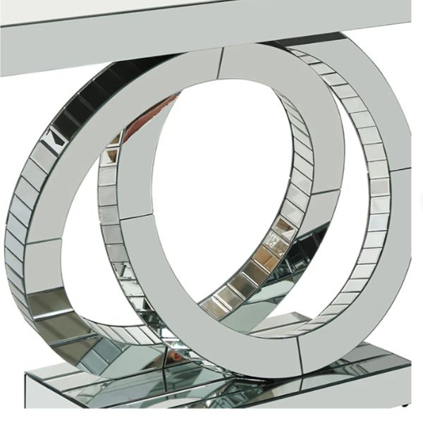 Luxury Silver Infinity Mirror Console Table featuring a modern design with reflective circular bases.