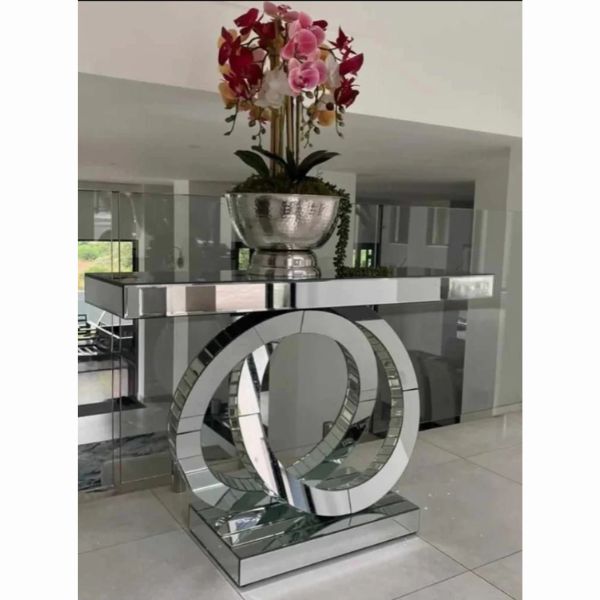 Luxury Silver Infinity Mirror Console Table with floral arrangement on top, showcasing modern glam design.
