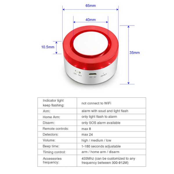 Smart Siren Alarm Home System with App dimensions, features, and specifications displayed on a product image.