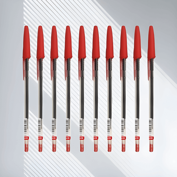 Smooth Retractable Ballpoint Pen 1.0mm - Red Ink, displayed in a row with red caps and black barrels.