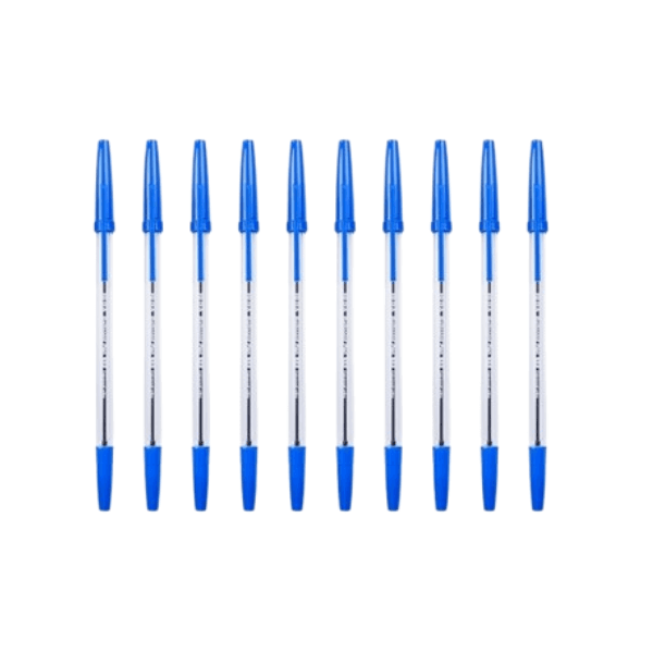 Smooth Retractable Ballpoint Pen 1.0mm Bullet Tip - Blue Ink collection of pens in a row.