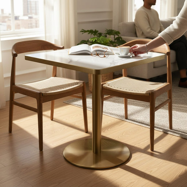 Square Marble Effect Dining Table with Gold Pedestal Base