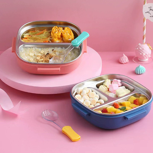 Stainless Steel Divided Lunch Box with colorful food compartments for organized meals.