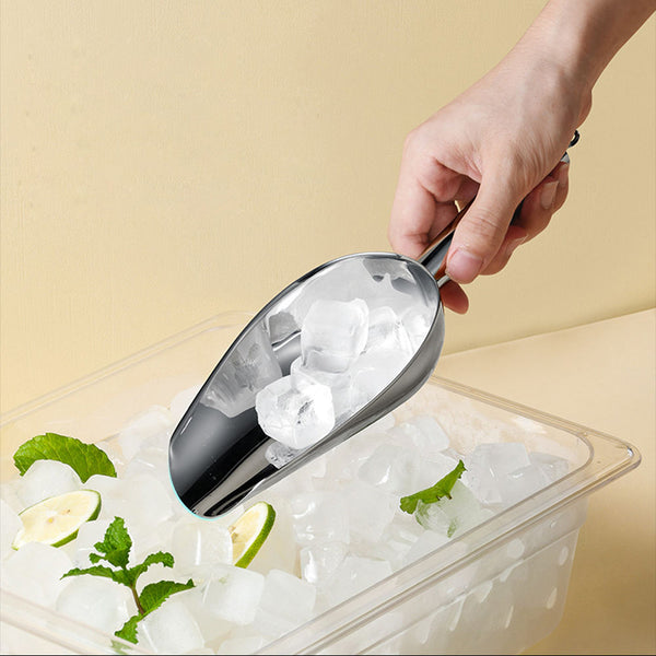 Hand holding a Stainless Steel Ice Scoop, scooping ice cubes from a container.